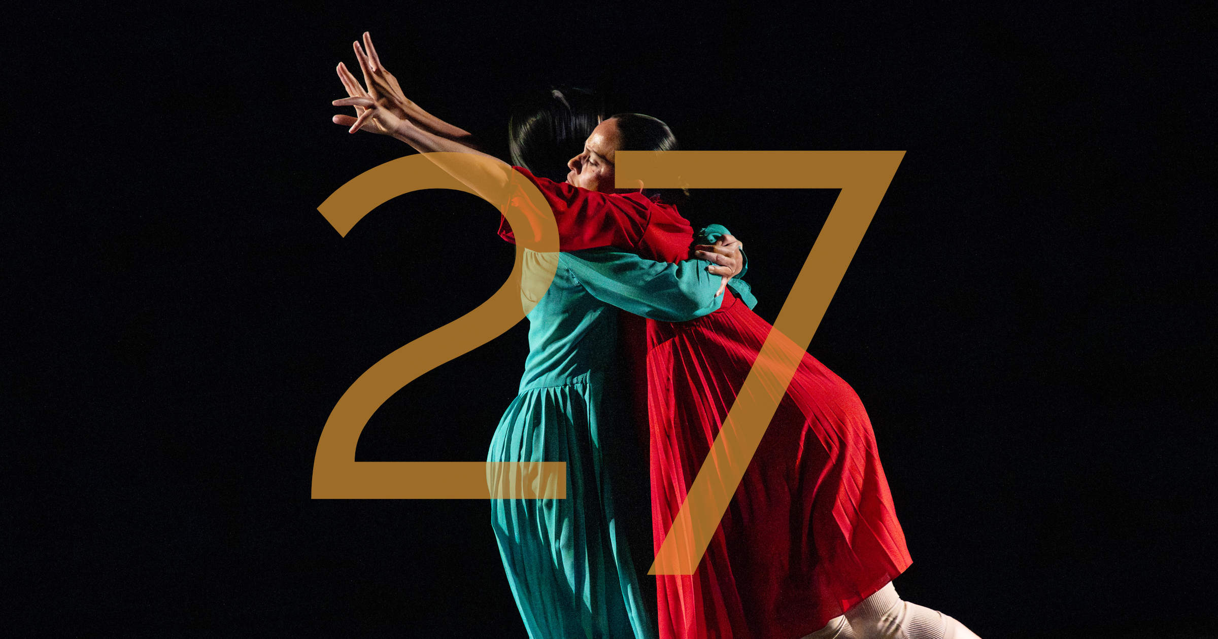 Union PDX - Festival:26 artist Rosanna Tavarez and dance partner Jen Hong performing in Tavarez's 'Hybrids of Plants and Ghosts' at the Foster Theater in Portland, Oregon. The number 27 overlays the image to indicate the festival year. | Photography: Jingzi Zhao